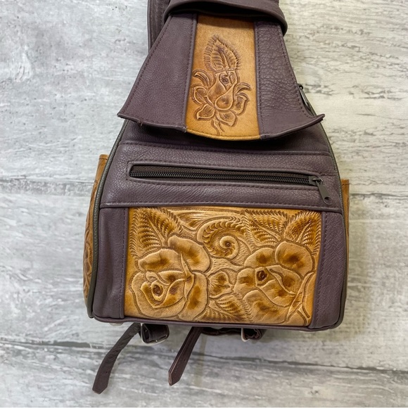 Tooled Leather Backpack Boho Western Mini Bag Purse Satchel VTG Purple Tan - Picture 7 of 9